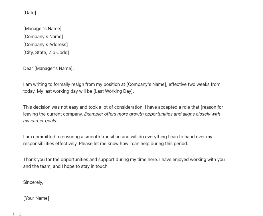 Two Weeks Notice Letter